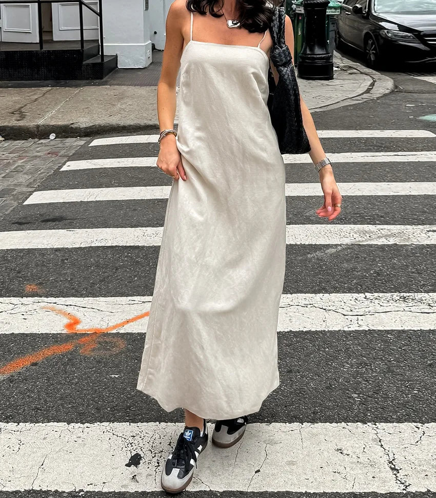 LIZAKOSHT  -  Spring and Summer Commuting Khaki Cotton and Linen Suspender Dress Women's Fashion Loose A-shaped Long Dress