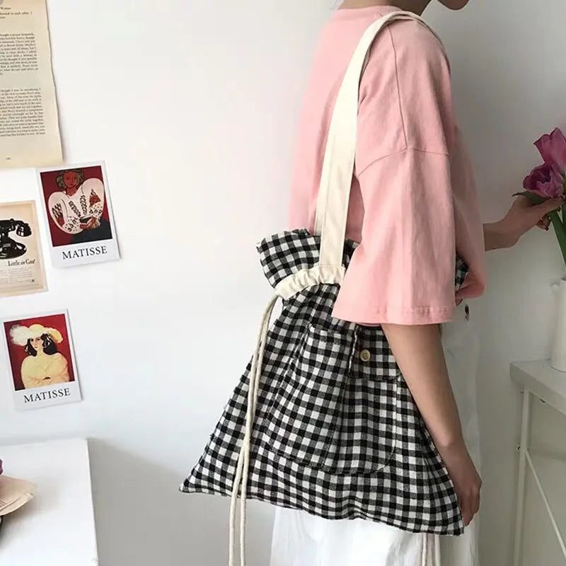 LIZAKOSHT  -  Japanese All Match Plaid Drawstring Canvas Bag Y2k Casual High Capacity Tote Bag Simple Shopping Bag Women Underarm Shoulder Bag