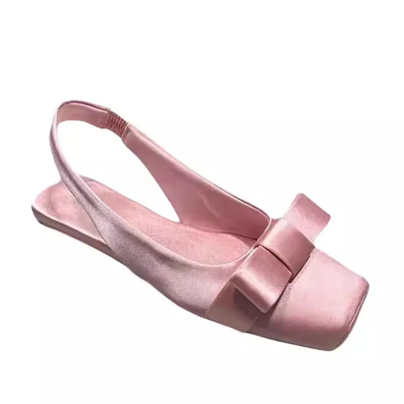 LIZAKOSHT  -  Sweet Pink Silk Flat Sandals Women Big Bowknot Slingback Summer Shoes Elegant Ladies Sandalias Back Strap Lolita Shoes Size 43