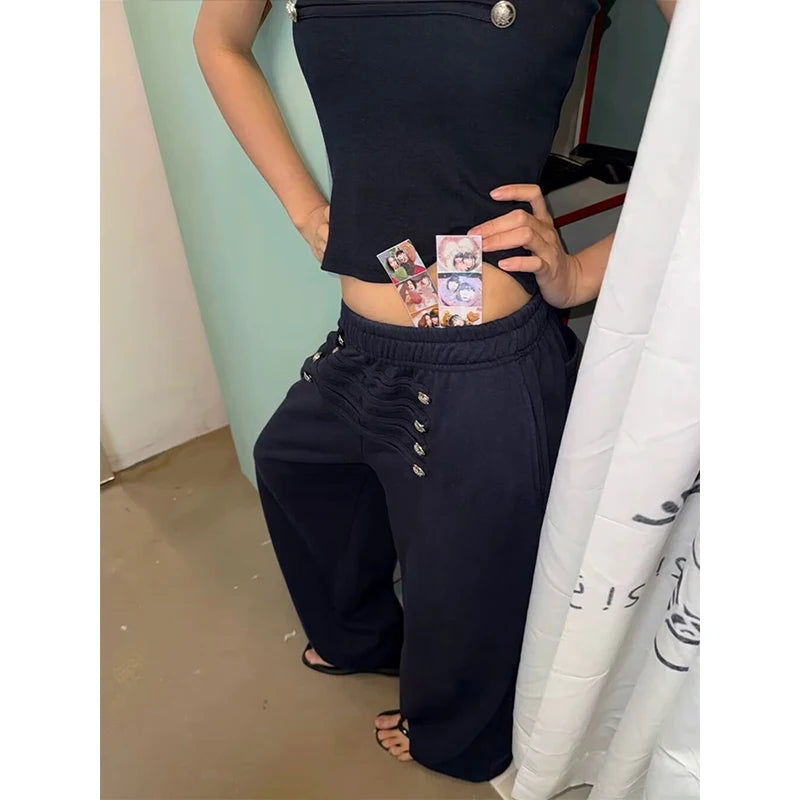 LIZAKOSHT  -  American Retro Wide Leg Sweatpants Women's Autumn Winter Multi-Button Elastic Waist Straight Loose Slimming Floor-Length Casual