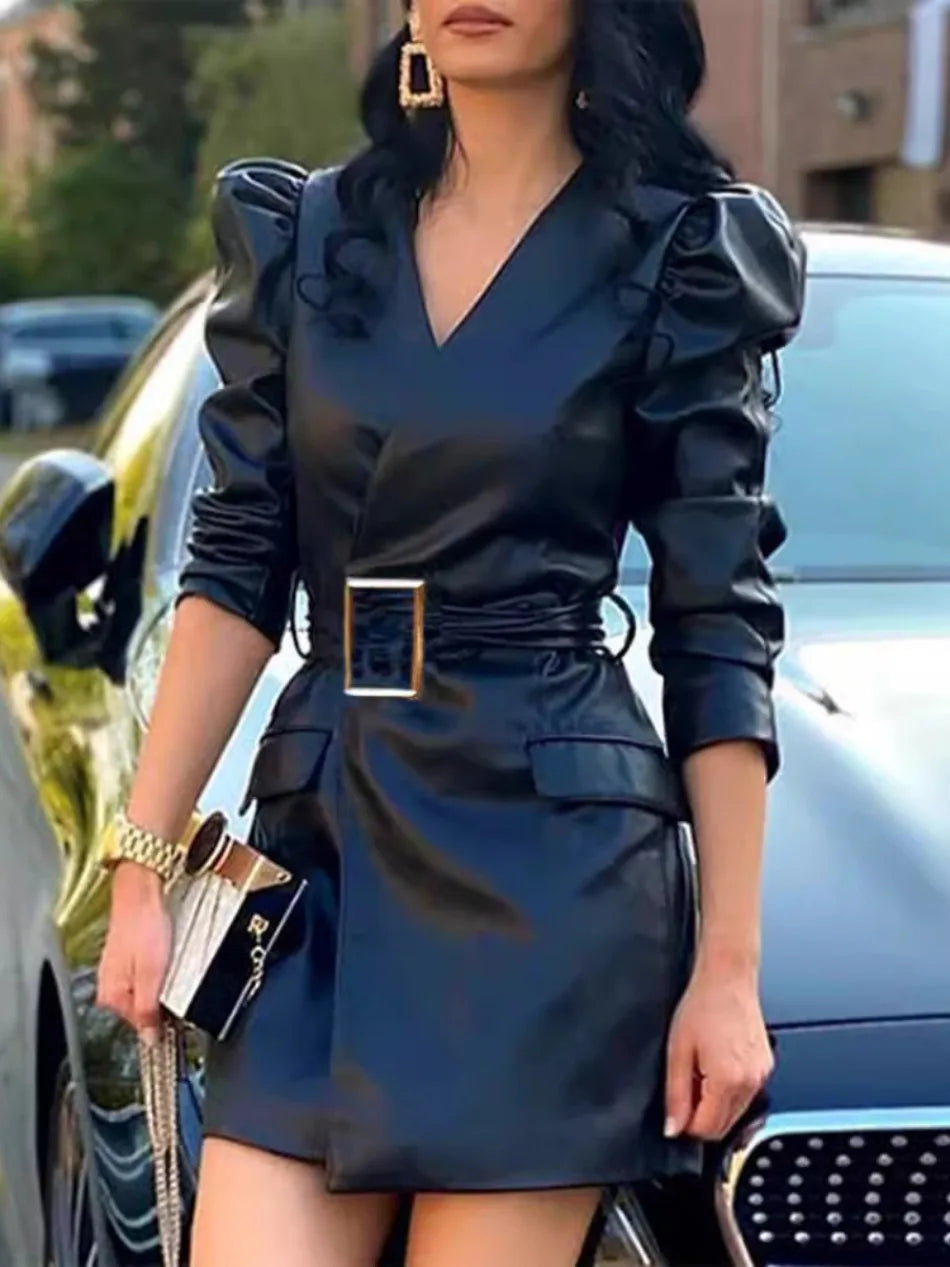 LIZAKOSHT  -  Fashion Containing Belt High Waist Office Lady Mini Dress Solid Color Dress Women V-neck Long Puff Sleeve Slim Fit Dress