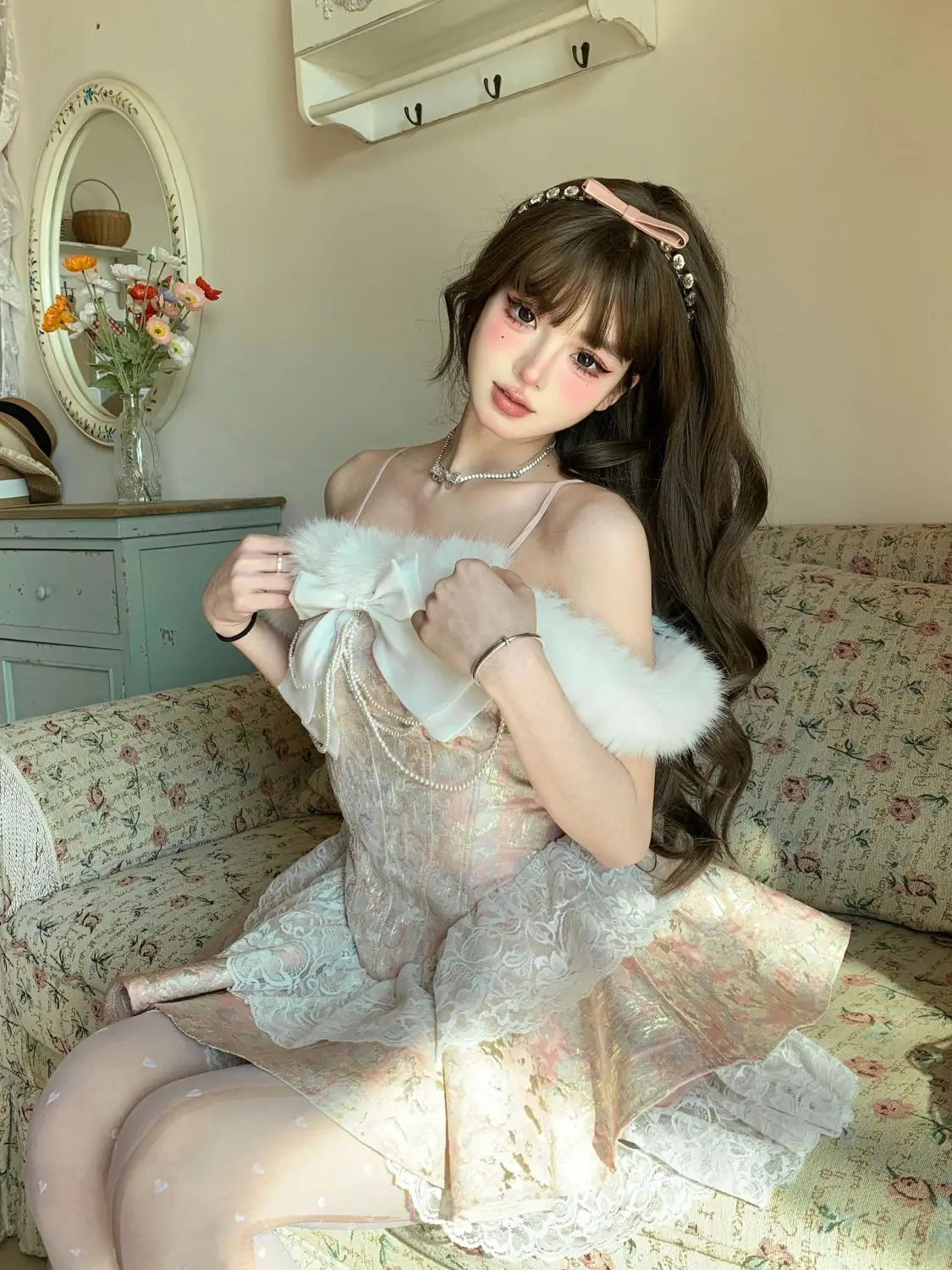 LIZAKOSHT  -  Japan Short Lolita Pink Castle Love Letter Lace Design Feeling One Shoulder Bow Splice Waist Closing Dress Women New