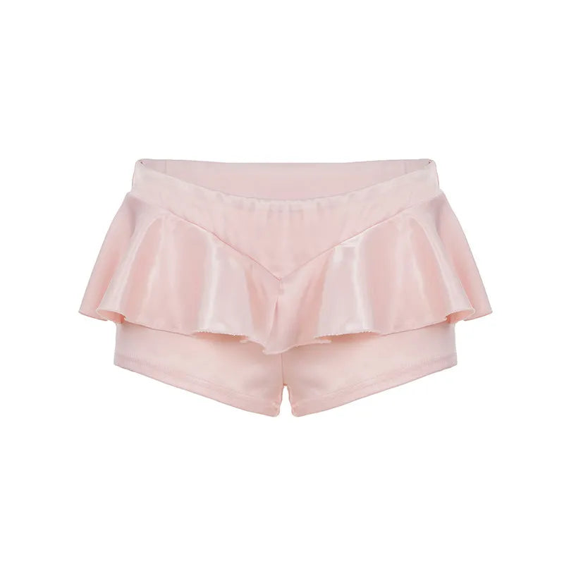 LIZAKOSHT  -  French Sweet Y2k Satin Skort Women Solid Color Low Rise Slim Ruffle Hem A Line Skirt Shorts Korean Fashion Popular Casual Outfit