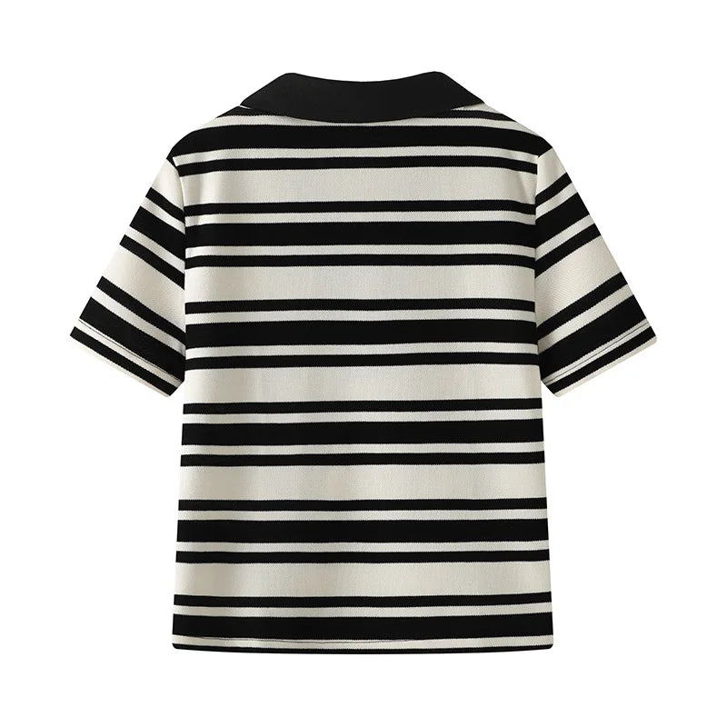 LIZAKOSHT  -  Black and White Striped Loose Short-sleeved T-shirt V-neck Pullover Bottoming Casual Shirt Summer New Style