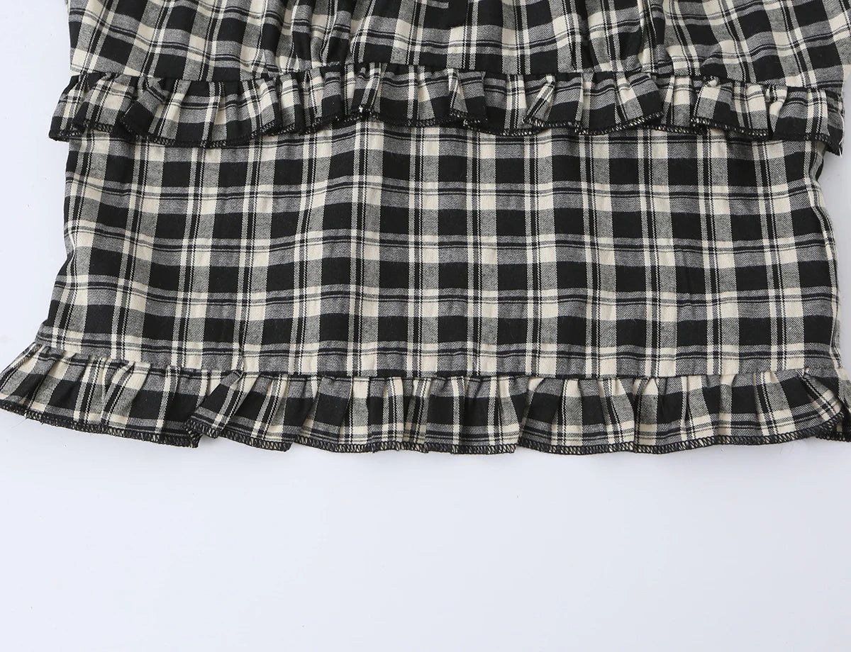 LIZAKOSHT  -  Summer Women Plaid Spliced Lace Bow O Collar Elastic Strap Tank Top Slim Corset Wood ears Slim Waist Elastic Back Crop Vest