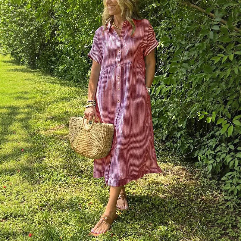 LIZAKOSHT  -  Summer New Women's Striped Dress Shirt Lapel Loose Button Cardigan Pocket Fashion Vacation Casual Street Midi Skirt for Female
