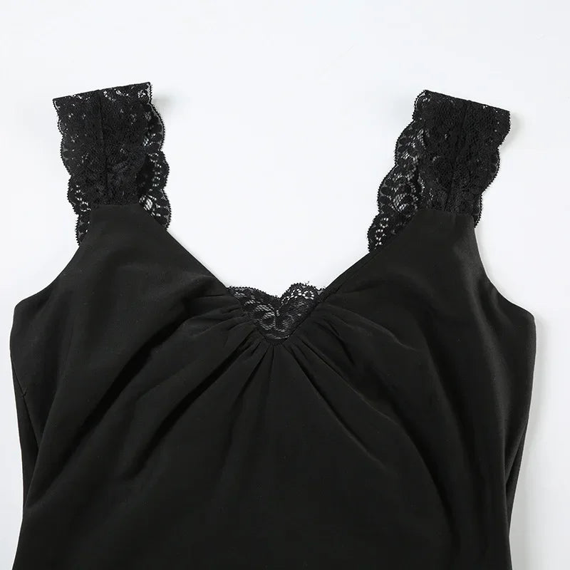 LIZAKOSHT  -  New Retro Dark Elegant Fashion Lace Stitch Sleeveless T-shirts Gothic Women Pleat V-neck Slim Tank Tops Y2K Aesthetic Vest