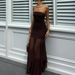 LIZAKOSHT  -  Women Sexy Strapless Mesh Patchwork Irregular Hem Party Long Dress Pleated Tight Backless Club Sleeveless Summer Vestidos