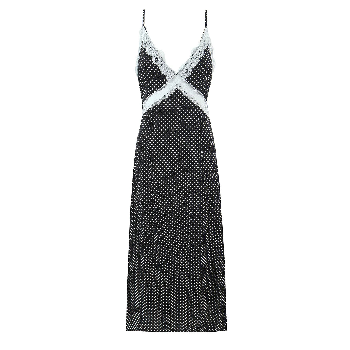 LIZAKOSHT  -  Retro French Style Black white Polka Dot Print Spliced Lace V Neck Chest Sling Midi Dress Women Backless Dresses Vestidos Femme
