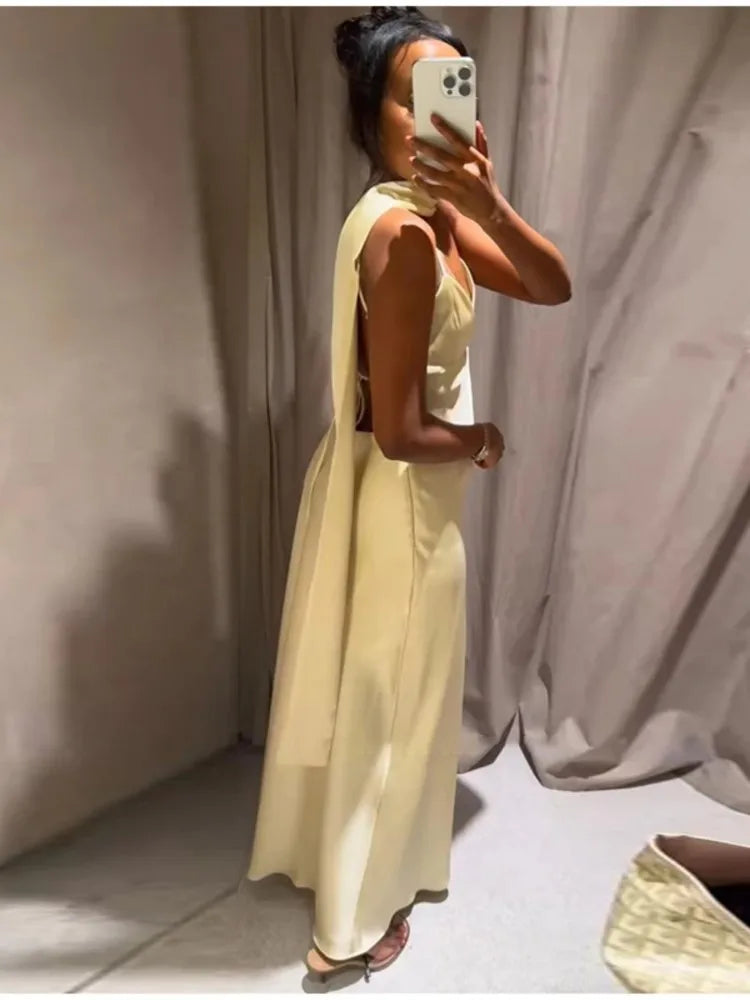LIZAKOSHT  -  Satin Sexy Suspenders Long Dress Women 2025 New Summer Elegant Sleeveless Backless V Neck Dresses Chic Beach Party Evening Dress