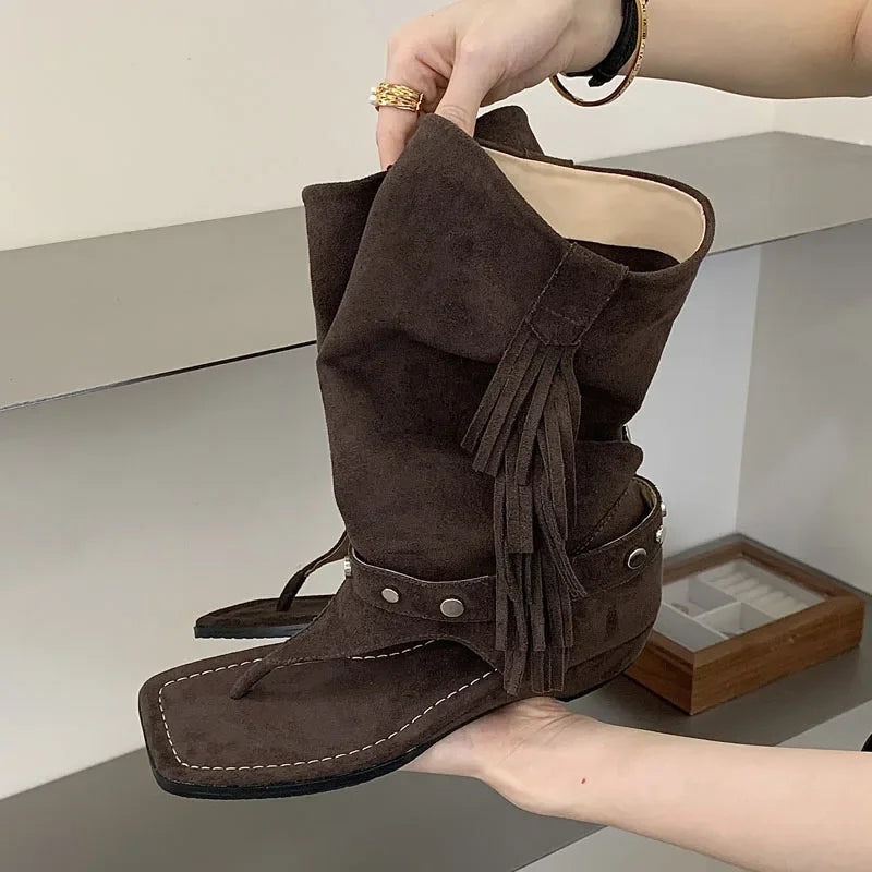 LIZAKOSHT  -  Fashion Vintage Comfortable Low Heels Tassel Rivet Square Clip Toe Women Ankle Boots Sandals Casual Banquet Shoes