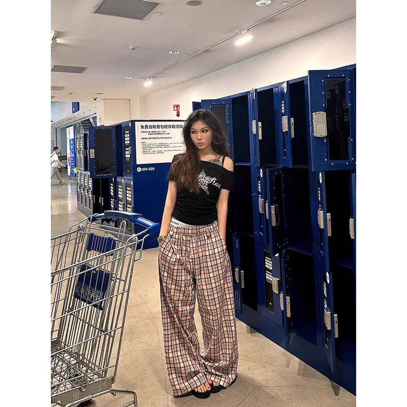 LIZAKOSHT  -   Women's Baggy Pants Oversize Sweatpants Plaid Long Pants Harajuku Japanese 2000s Style Y2k Vintage Trousers Clothes