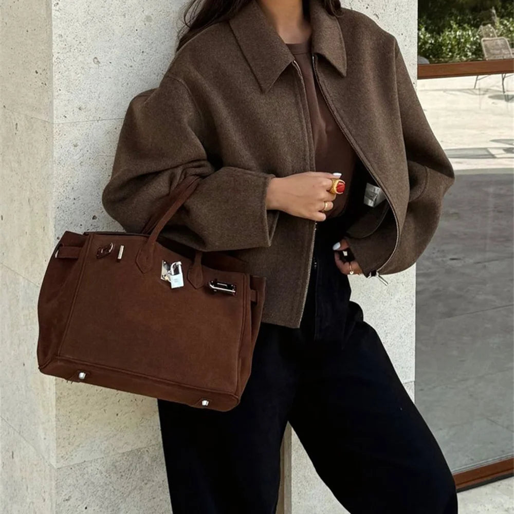 LIZAKOSHT  -  Fashion Zipper Woolen Blend Coat for Women Autumn Winter Brown Lapel Long Sleeve Cropped Coats Lady High Street Outwear