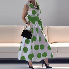 LIZAKOSHT  -  Fashion Polka Dot Lace-up Waist Long Dress Casual Sleeveless Pleated Party Dresses Office Elegant Lapel Collat Hem Shirts Dress