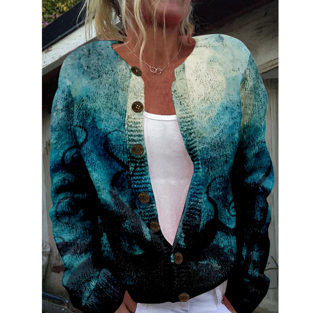 LIZAKOSHT  -  Women Milled Pit Lavender Print Button Long Sleeve Lady Casual Extensions Cardigan White Jacket Coat