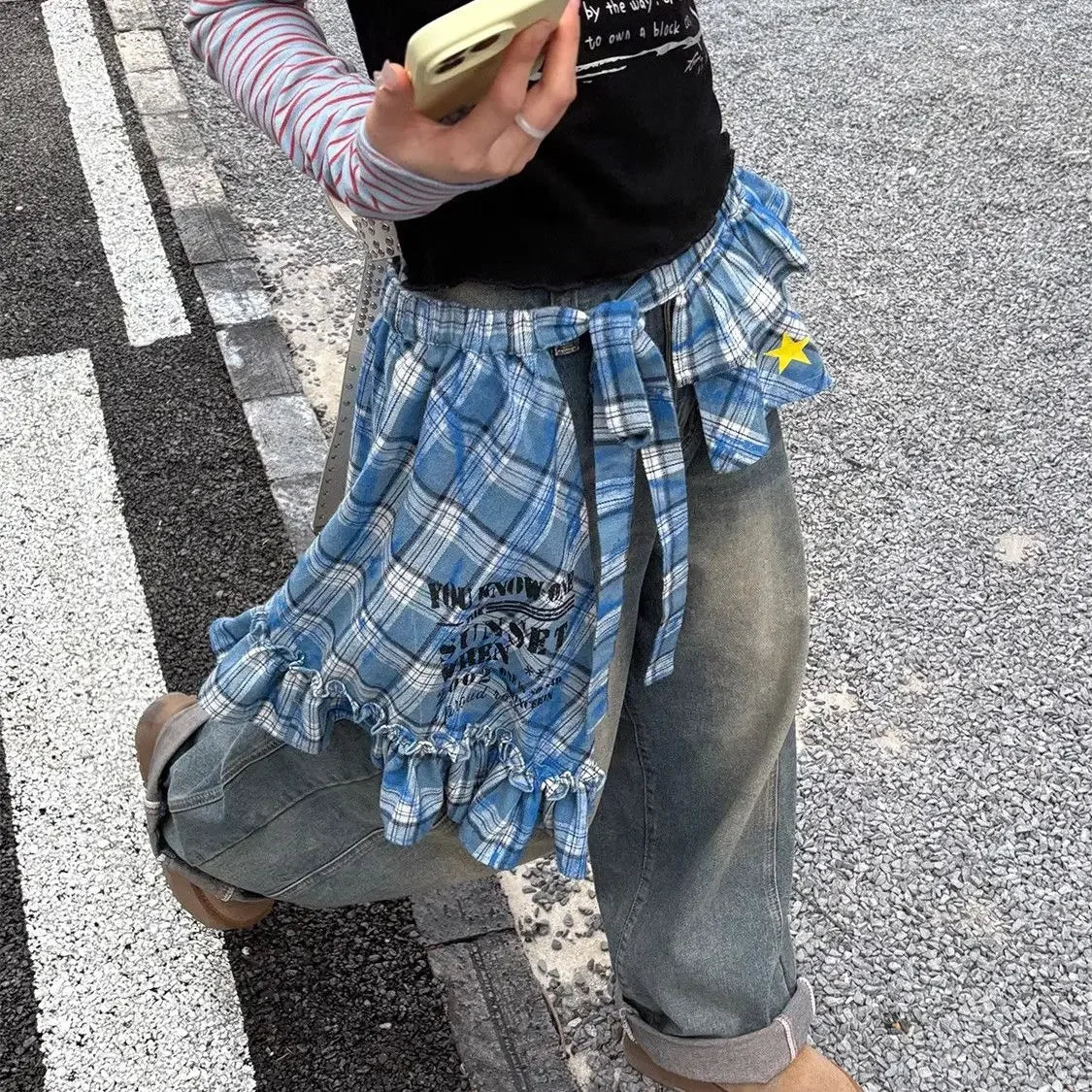 LIZAKOSHT  -  Y2k Aesthetic Plaid Irregular Ruffled Skirts Vintage Women Streetwear Letter Print Faldas Harajuku Grunge Casual Bandage Skirt