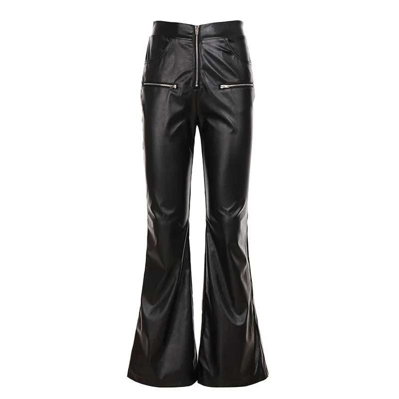 LIZAKOSHT  -  Women Fashion Black PU Leather Slim Flare Pants Zippers High Waist Peach Hips Stretch Boot Cut Skinny Trousers Casual Streetwear