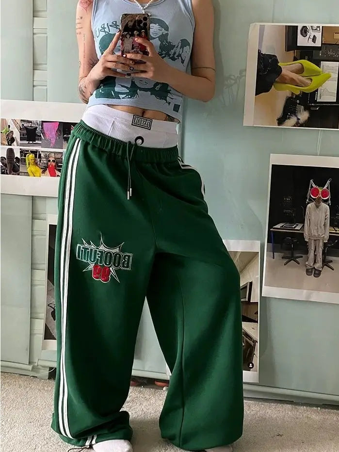 LIZAKOSHT  -  Sports Pants Two-Bar Letter Printing American Summer Women Green Loose Straight Mop The Floor Leisure Wide-Leg Pants Tide