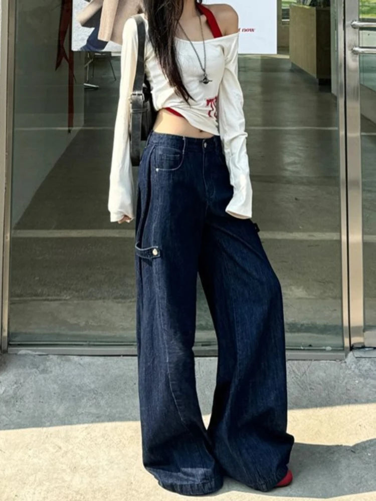 LIZAKOSHT  -  Aesthetic Vintage New Hot Girl Jeans Women High Street Design Loose Low-waist Wide-leg Pants Female Y2k Retro Cowboy Trousers
