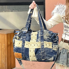 LIZAKOSHT  -  Washed Denim Women Handbag Luxury Rivet Designer Shoulder Crossbody Bag for Female Large Capacity Shopper Bag big totes