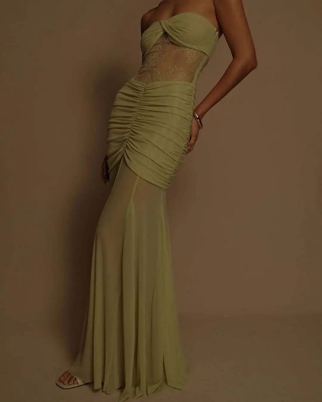LIZAKOSHT  -  Design Sense Women's New Sexy Bandeau Long Skirt Pleated Mesh Panelled Sheer Lace Dress