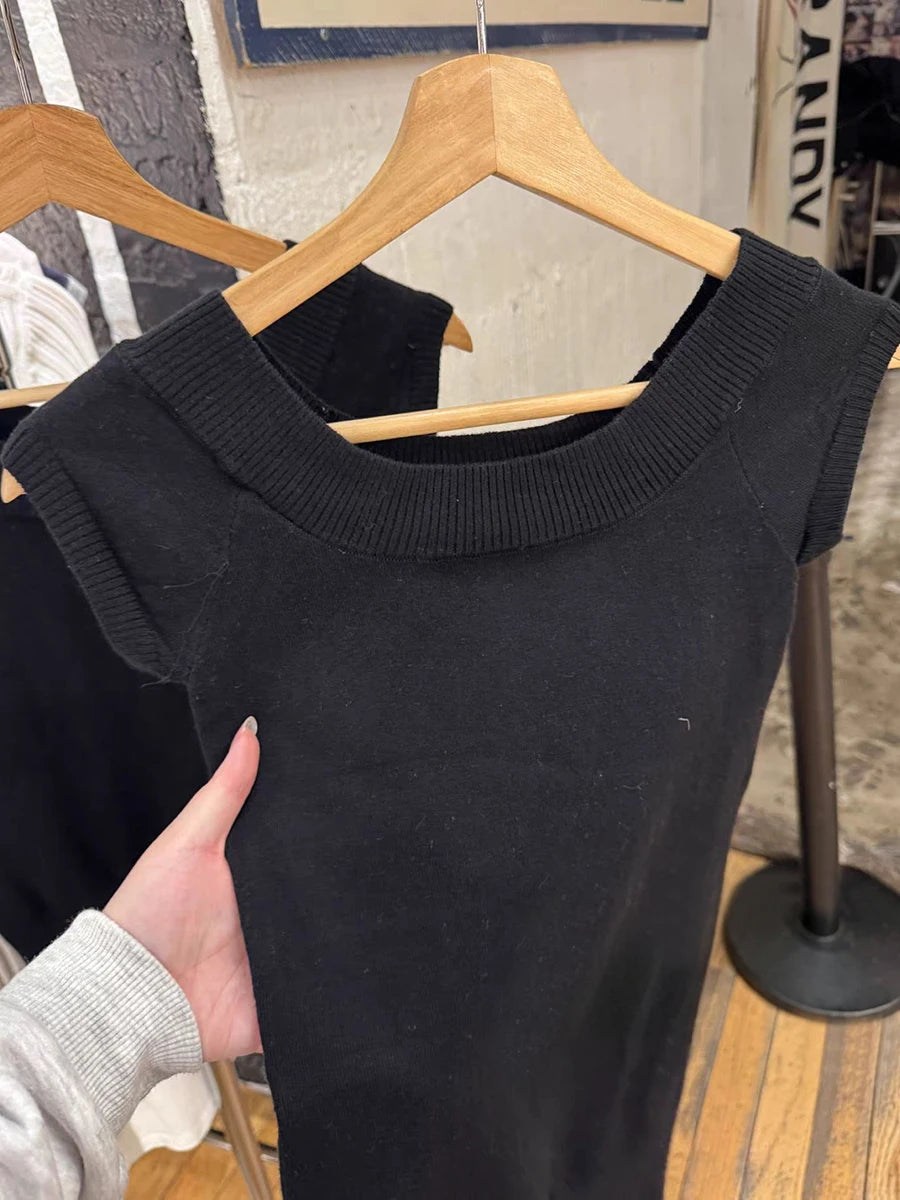 LIZAKOSHT  -   Black Knitted Slim T-shirts Woman Summer Scoop Neck Short Sleeve Cotton Tee Shirt Female Casual Simple Solid All-match Crop Tops