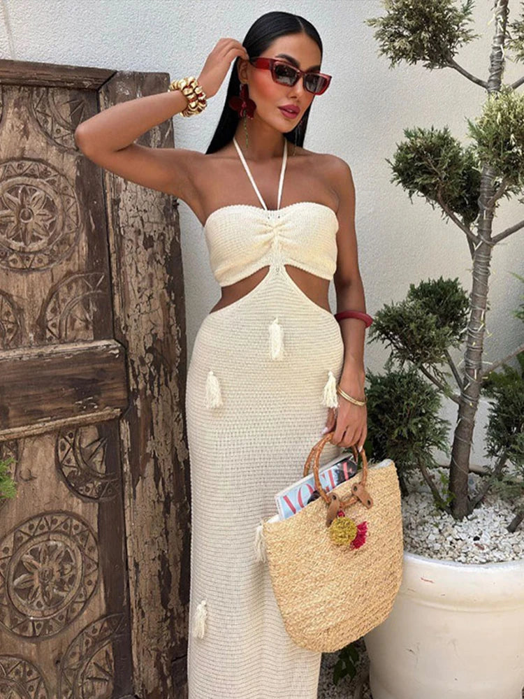 LIZAKOSHT  -  Knitted Halter Hollow Out Long Dress Women Backless Sleeveless Tassels Vacation Long Dresses Beach Solid Street Summer Robe
