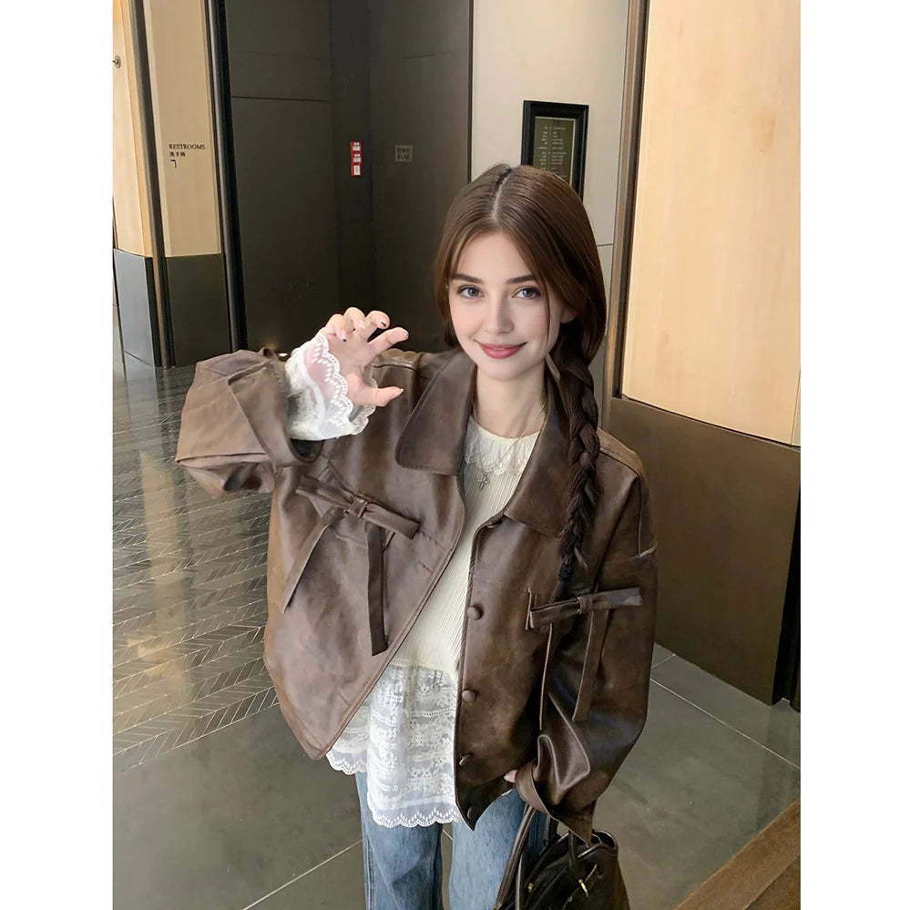 LIZAKOSHT  -  Women's Vintage Bow Tie Leather Jacket Drop Sleeve Casual Loose Cargo Motorcycle PU Leather Coat Turn Down Collar