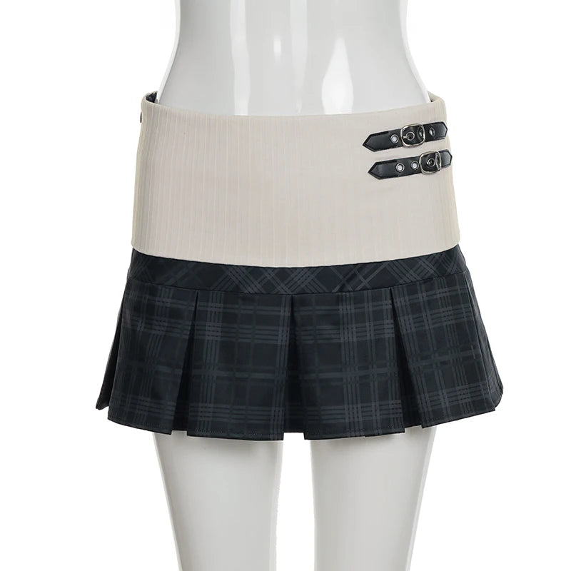 LIZAKOSHT  -  Waistband Contrast-Color Patchwork Plaid Skirt Sweet Casual Women's Low-Waist Mini Skirt Preppy Style Korean Skirts New