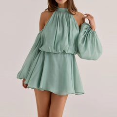 LIZAKOSHT  -  Sexy Hang Neck Flared Sleeve Beach Holiday Dress Elegant Solid Irregular High Waist Dress Temperament Pleated Off Shoulder Dress