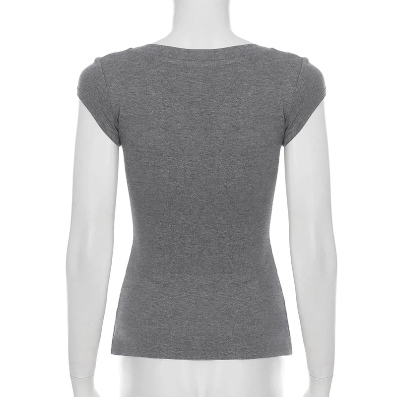 LIZAKOSHT  -  Casual Grey V-neck Crop Top Women Basic Skinny Short Sleeve Knitted T-shirts for Summer y2k Vintage Harajuku Tees Retro
