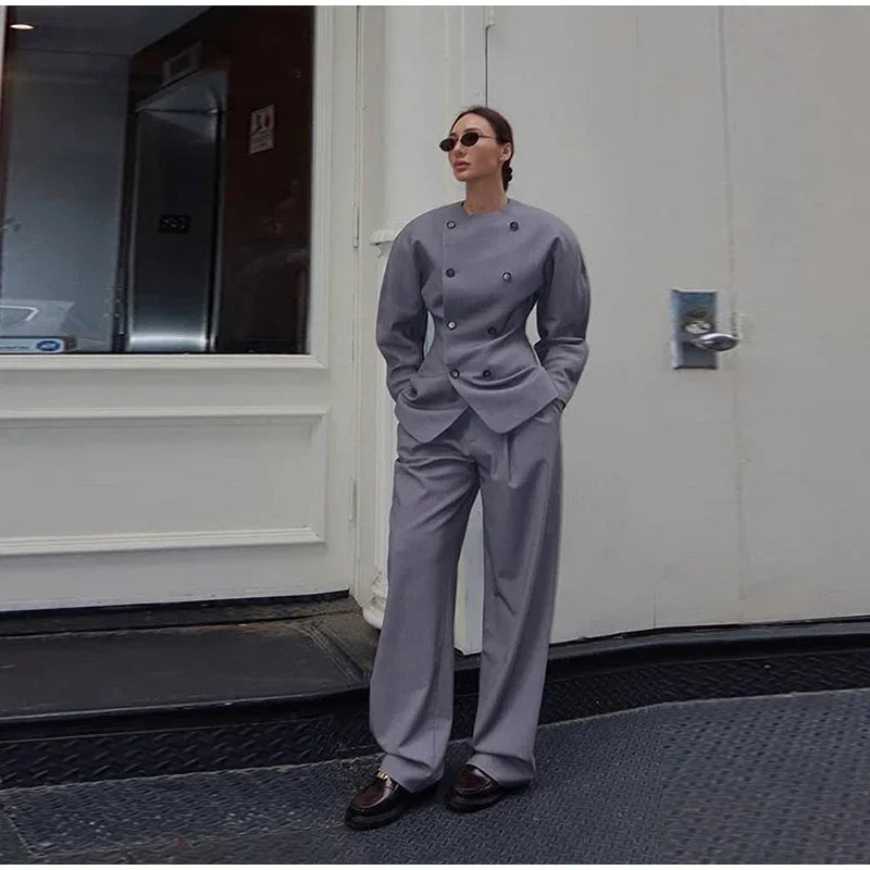 LIZAKOSHT  -  Retro Double Breasted Jacket Long Pant Set Lady Elegant Gray Waist-cinching Jackets Straight Pants Sets Women New Chic Steetwear