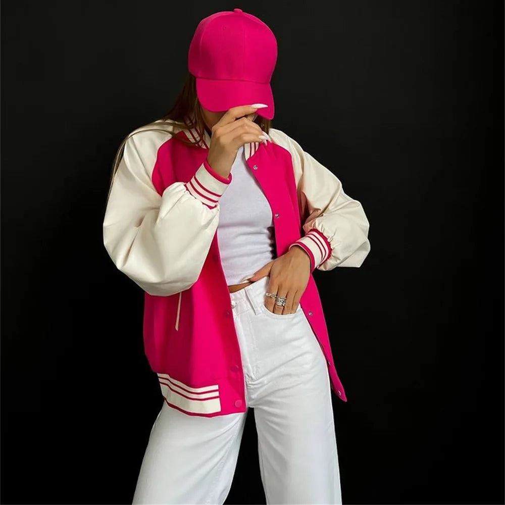 Lizakosht Patchwork Sleeves Baseball Jacket for Women Vintage Casual Streetwear Button down Loose Outerwear Fashion Coats Female