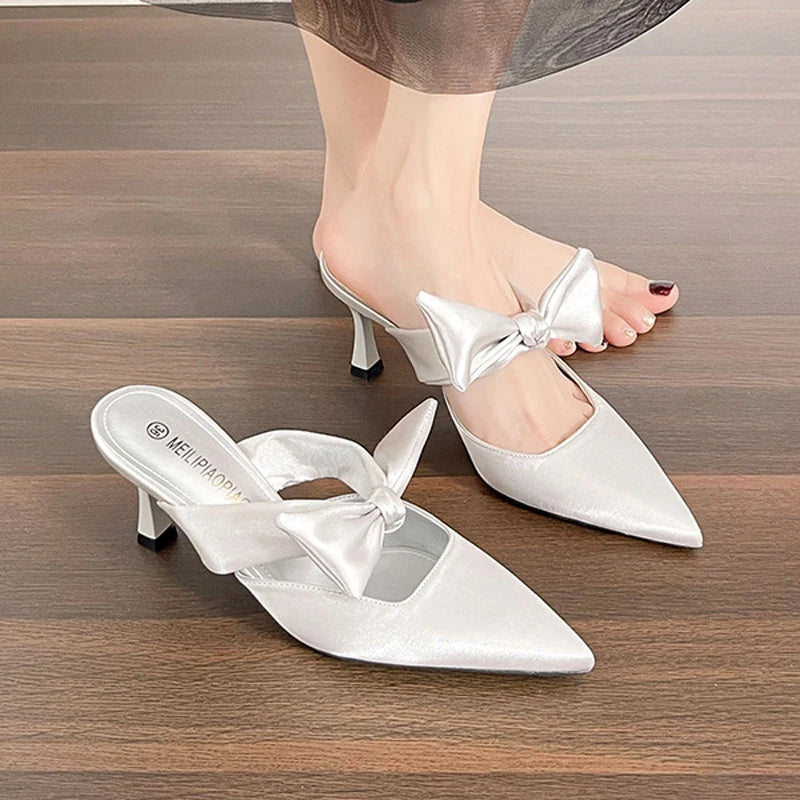 LIZAKOSHT  -  Silver Mules Women's Ribbon Bowknot Silk High Heels Slippers Pointed Toe Kitten Tacones Femme Party Wedding Shoes Ladies Sandals
