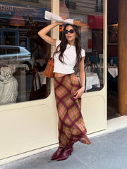 LIZAKOSHT  -  Retro Plaid Pattern Pleated Skirt Women Elegant HighWaist Patchwork Ruffle Slim Midi Skirts Lady Holiday Street Wear New
