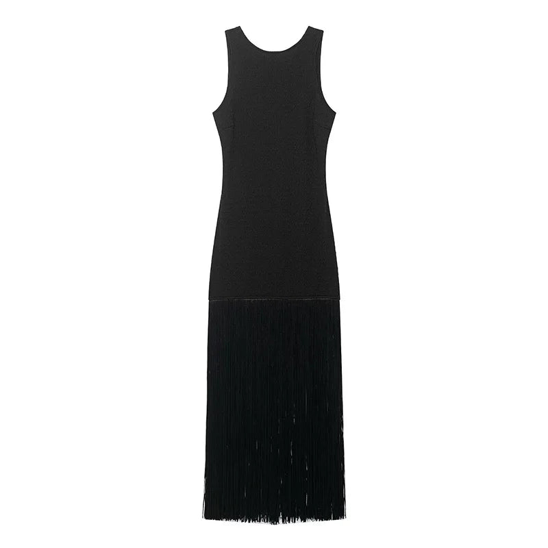 LIZAKOSHT  -  Women's Solid Sleeveless Maxi Dress Fashion O-neck Backless Patchwork Tassel Hem Dress Lady Spring Elegant Party Vestidos