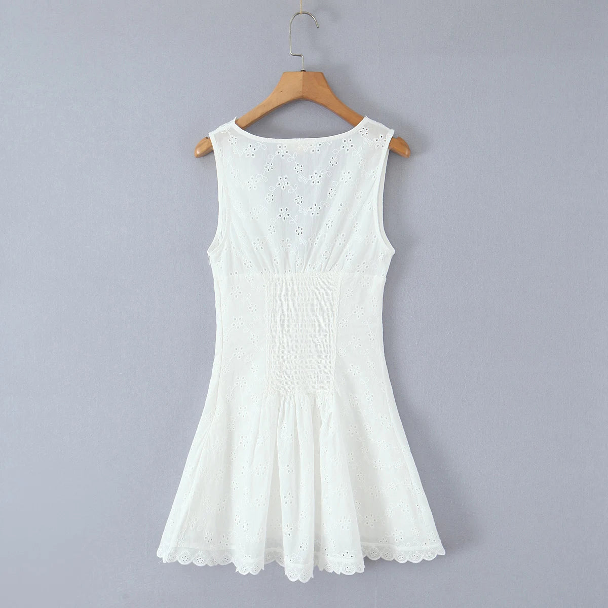 LIZAKOSHT  -  French Style Mini Dresse Hollow Out Women Summer White 100% Cotton V-neck Sexy Party Vocation Casual Ladies Dress Vestidos New