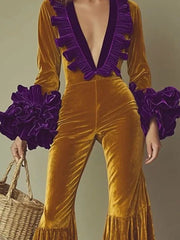 LIZAKOSHT  -  Casual V-neck Petal Sleeves Slim Fit Long Jumpsuit Fashion Hight Waist Flared Playsuit Lady Elegant Color Clashing Velvet Romper