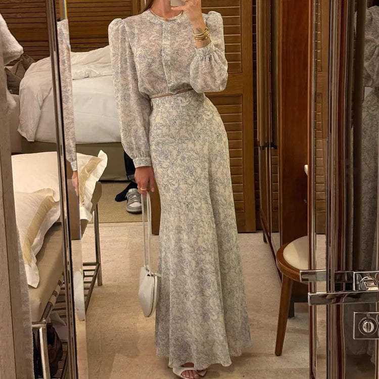 LIZAKOSHT  -  Commute Printed Female 2 Piece-Set Long Skirt Patchwork High Waist Short Top And Slim Maxi Skirt Sets New Women's Outfits