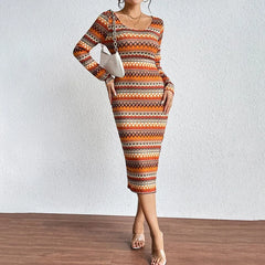 LIZAKOSHT  -  Autumn Winter Fashion Wavy Color Strip Slimming Long Sleeve Dress