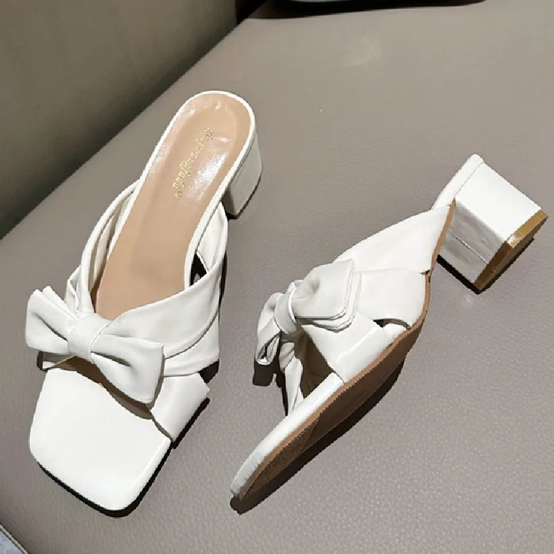 LIZAKOSHT  -  Bow Design Thick Heel Slippers Women Summer Square Head Soft Bottom Brand Sandals Comfortable Beach Casual Flats Zapatos Mujer