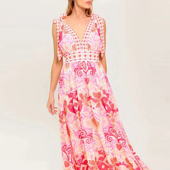 LIZAKOSHT  -  Sexy V-neck Women Vacation Long Dress Summer Casual Sleeveless Hight Waist Party Dress Elegant Print Draped Bow Maxi Dress