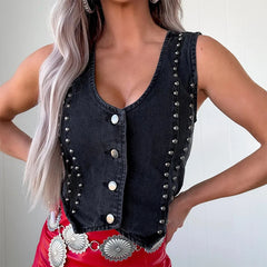 LIZAKOSHT  -  Y2K Rivet Denim Women's Vest Black Slim Sleeveless Single Breasted Cowboy Tank Top Female Summer Chic Lady Streetwear