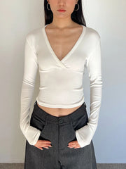 LIZAKOSHT  -  Cross V-neck Long Sleeve T-shirts Woman Autumn Cotton Slim Crop Top Female Casual Simple Solid All-match Basic Tshirts Y2k Tops