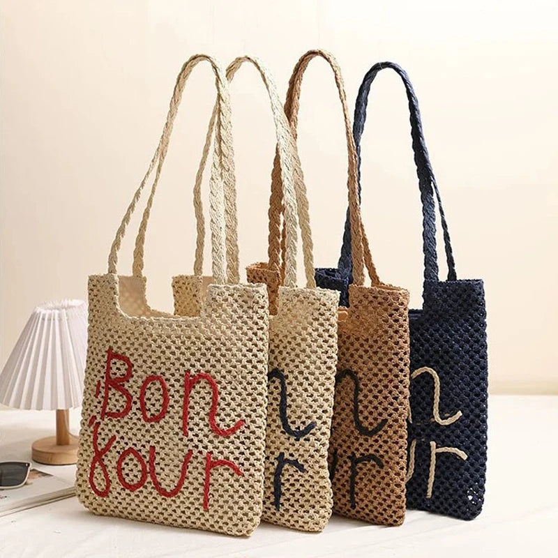 LIZAKOSHT  -  Women Fashion Letter Embroidered Shoulder Bag Hollow Grass Woven Beach Bags Vacation Handbag