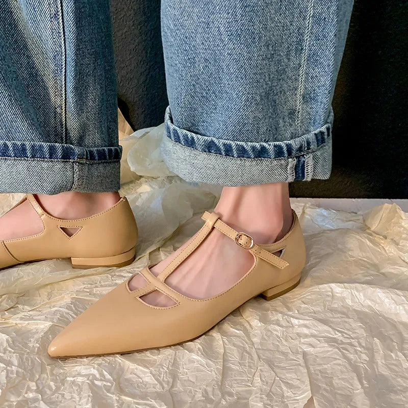 LIZAKOSHT  -  Fashion Women Shoes New High Quality True Leather T-shaped Buckle Pointed Low Heel Leather Shoes Summer Light Shoes