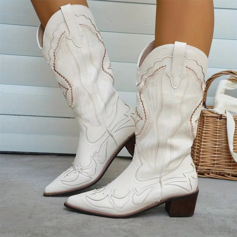 LIZAKOSHT  -  Retro Western Boots Vintage Cream Cowboy Boots Women Shoes Embroidered Pull On Chunky Heels Mid Calf Black Cowgirls Boots