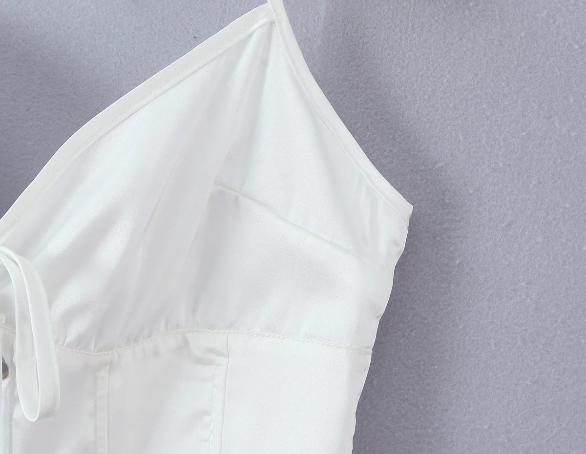 LIZAKOSHT  -  Sexy White Satin Bow Halter V neck Open Hook Buttons Slim Tank Top Women Cross Lacing Up Bandage Back Backless Tee Summer Vest