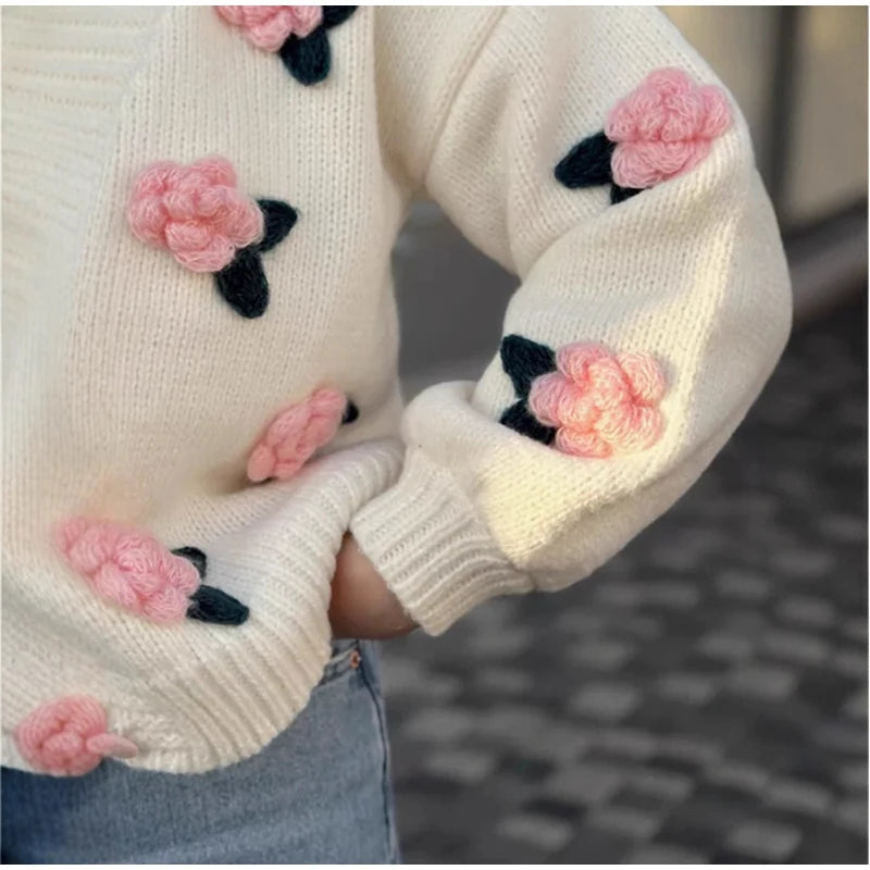 LIZAKOSHT  -  3D Flower Knitted Cardigan Woman Loose Long Sleeves Single Breasted V-Neck Casual Coats Versatile Women's Early Autumn Cardigans