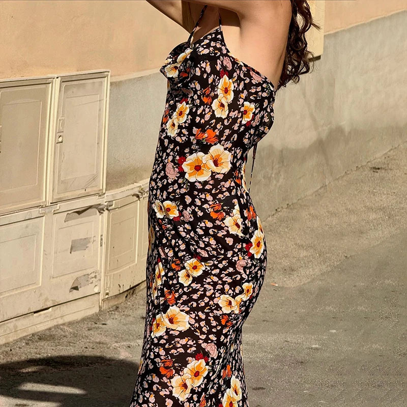 LIZAKOSHT  -  Vintage Romantic Floral Suspender Dresses Holiday Charming Sleeveless Backless Lace-up Hollow Bodycon Pleated Maxi Sundress